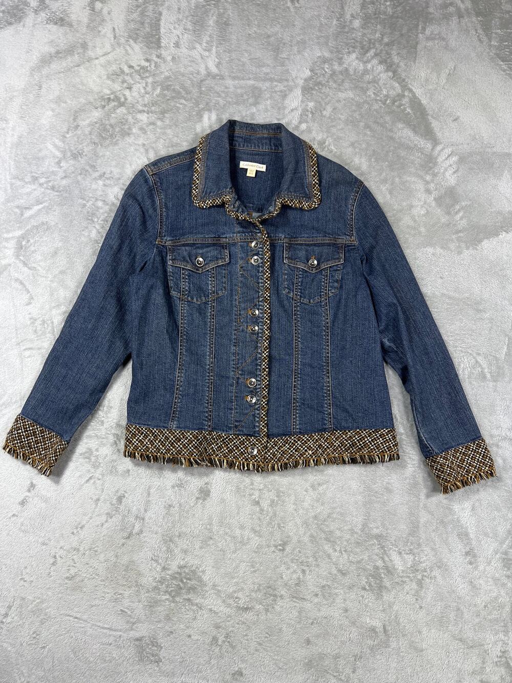 Coldwater Creek Fringe Trim Denim Jacket Women's W18 Boho Western Jean Jacket